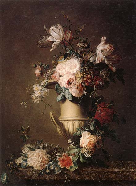 A Still life of various flowers in a sculpted urn,resting on a marble-topped table